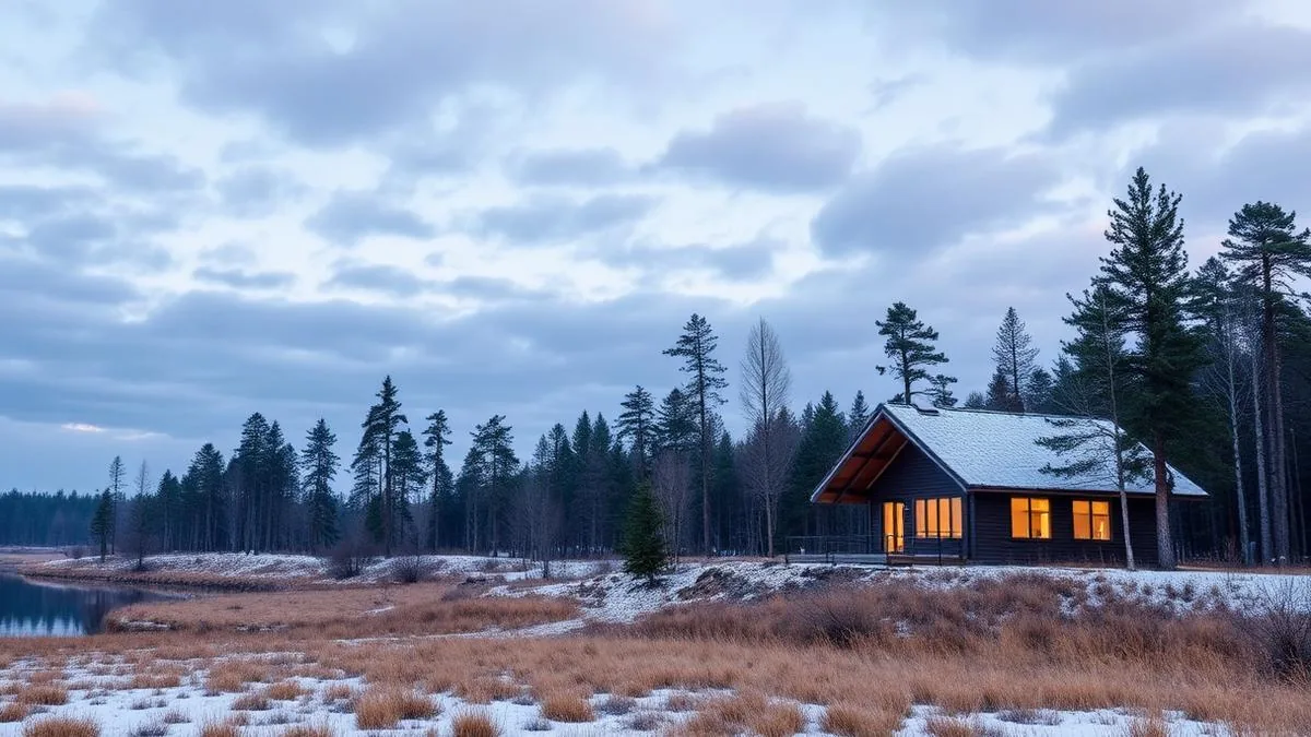 Trähus vid finsk sjö i skymningen