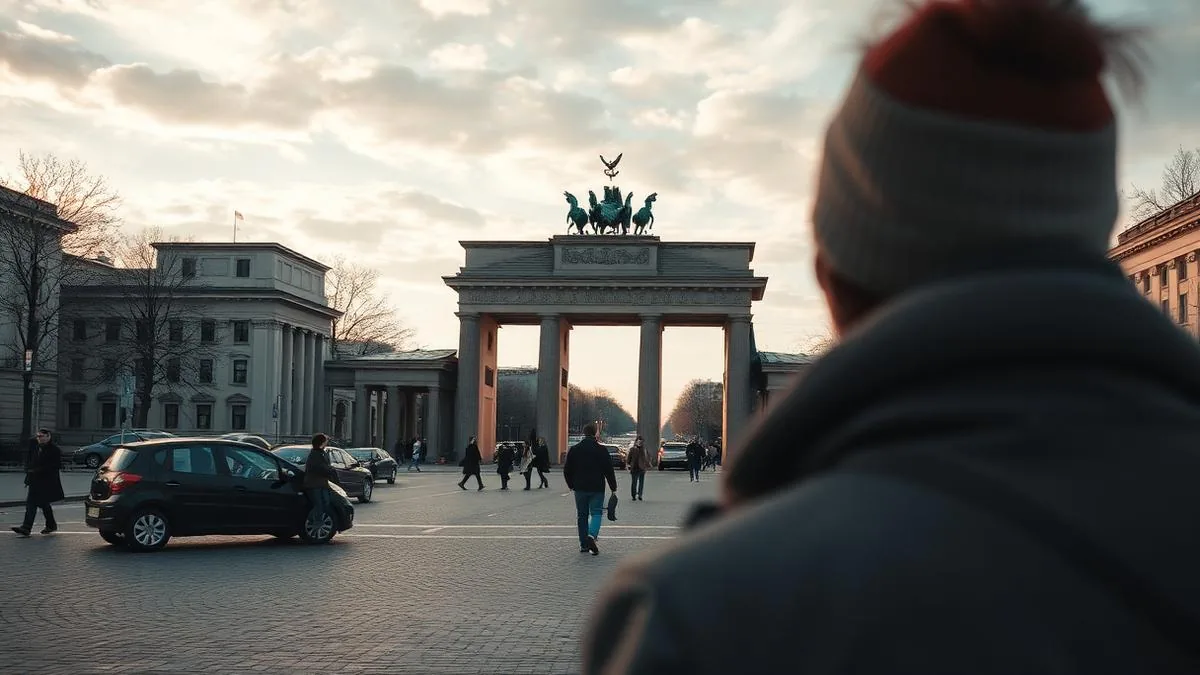 Person med mössa framför Brandenburger Tor i Berlin