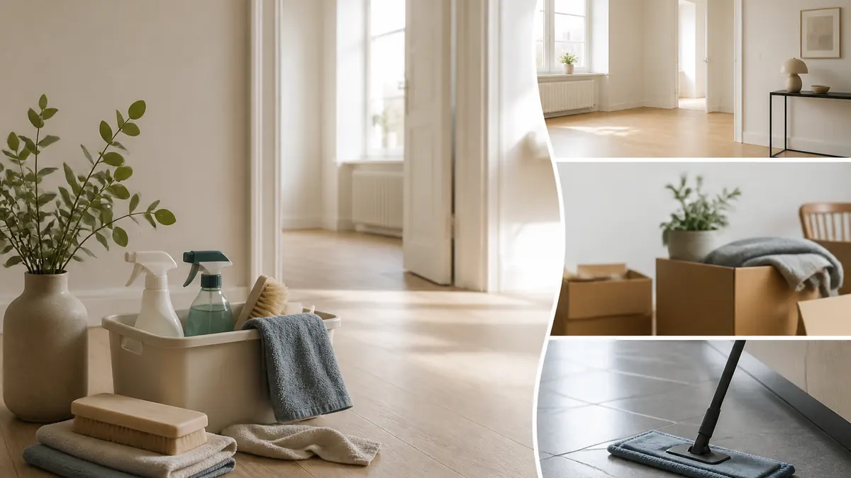 Vad innebär grovstädning vid flytt – illustration till guide om Grovstädning är en enklare städning före visning eller efter tömning. Se ski